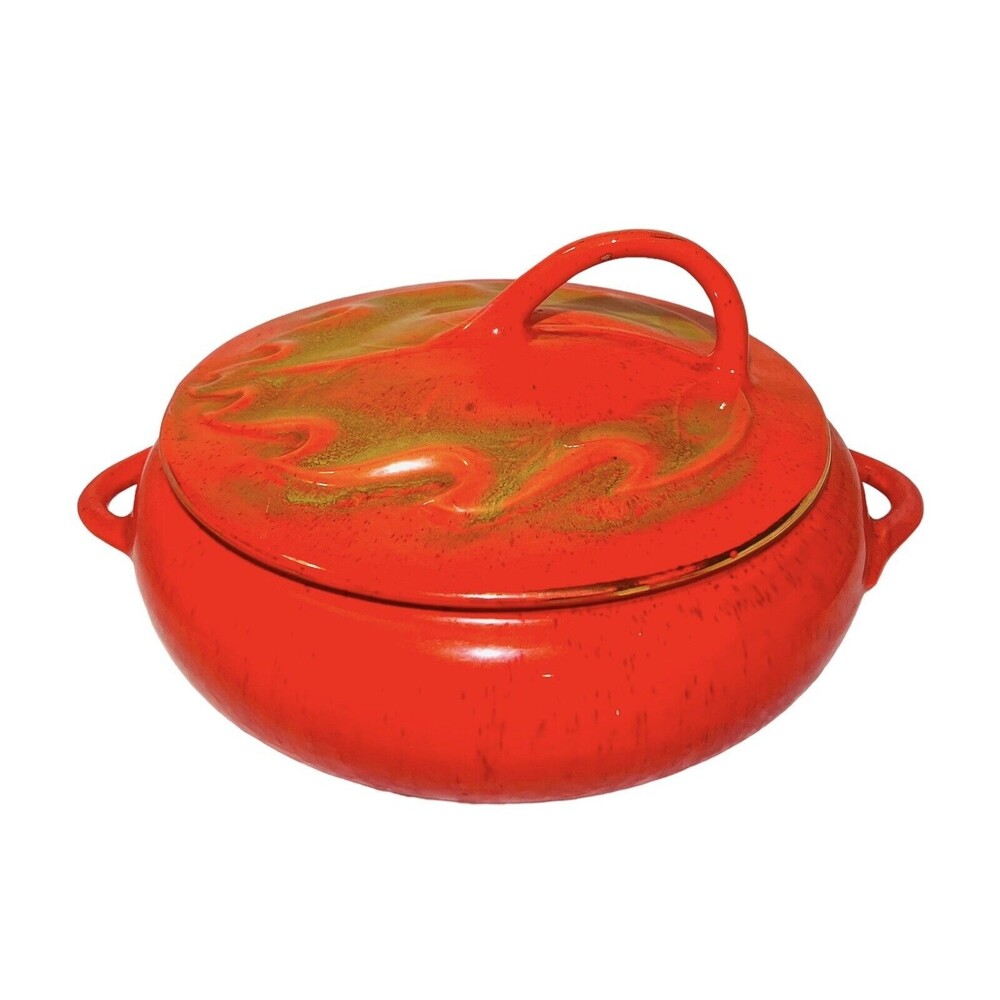 Vtg California Pottery 813 Orange Casserole Chafing Dish Maple Leaf Gold Accents